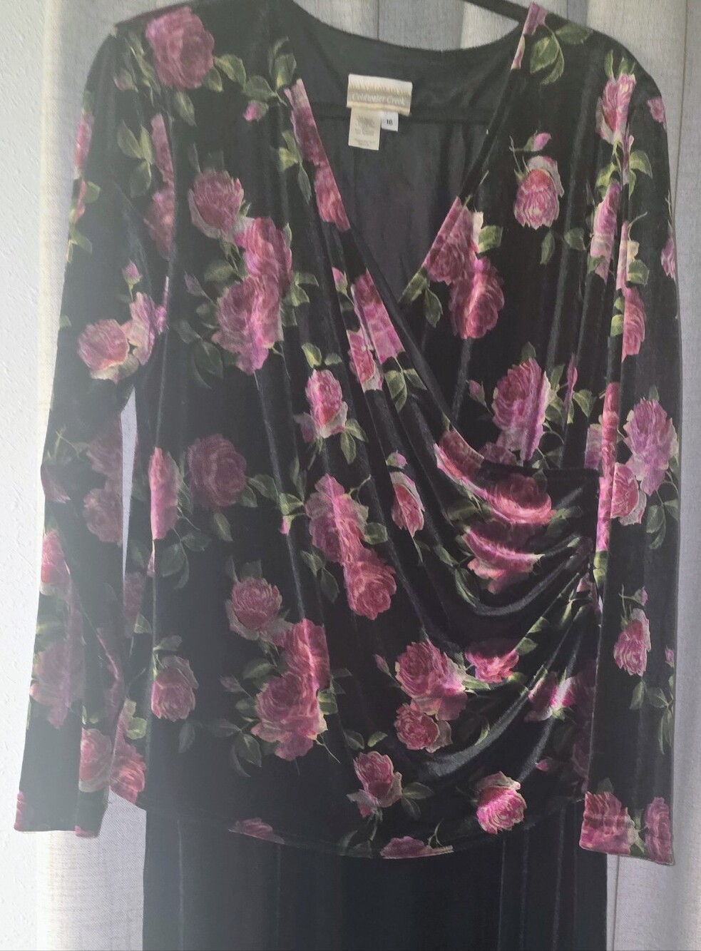 Coldwater Creek Black Velvet Floral Wrap-Style Dress with Pink Roses